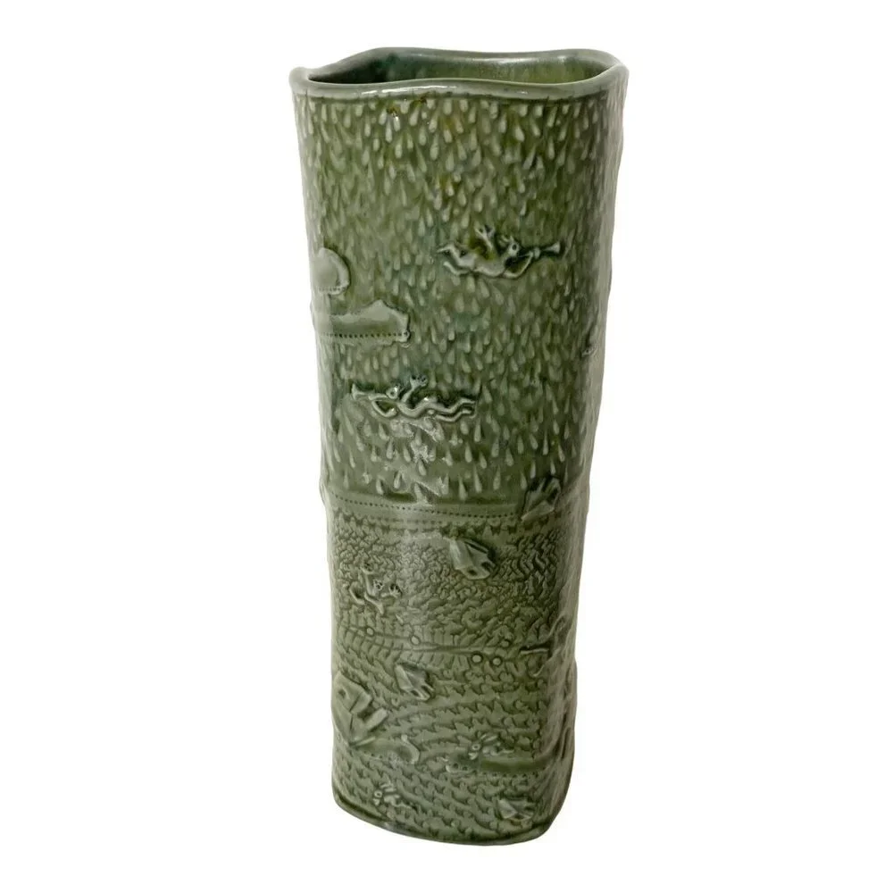 Ceramic Pottery Vase Olive Celadon signed Dennis Meiners